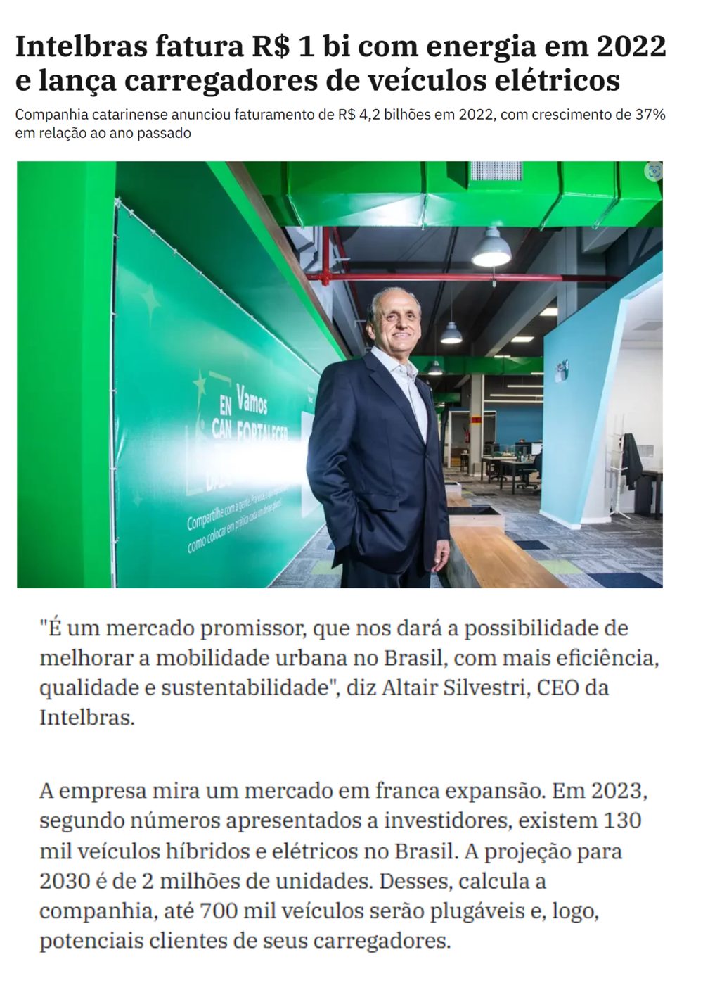 Reportagem da Exame Invest sobre o faturamento da Intelbras com energia e carregadores de veículos elétricos