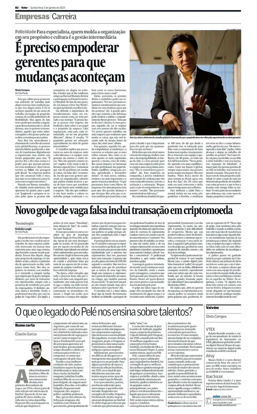 Página do Valor Econômico com entrevista de Alex Liu, chairman global da Kearney